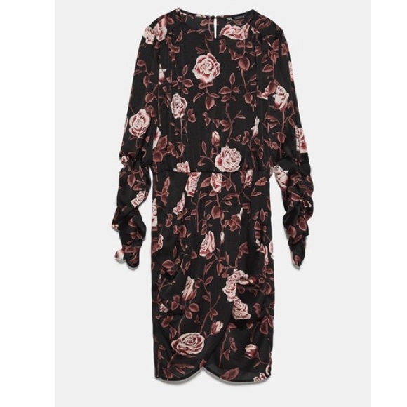 Zara Ruched Long Sleeve Rose Print Mini Asymmetrical Dress NWOT - Picture 7 of 13